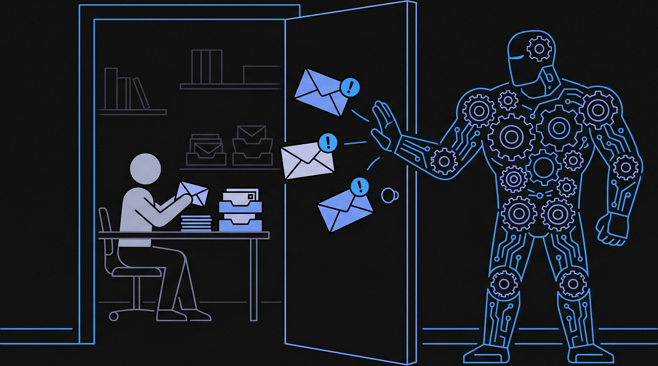 Inside a doorway, a small secretary at a desk sorts mail; outside, a bouncer figure built from interlocking gears turns away three envelopes flagged with red exclamation marks.